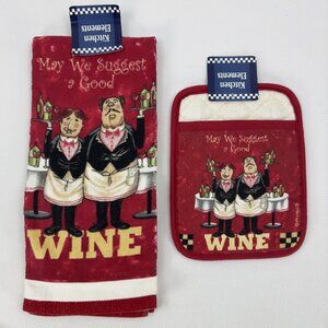 Kitchen Elements "Good Wine" Kitchen Towel and Pot Mitt Set Red Franco Kohls NWT
